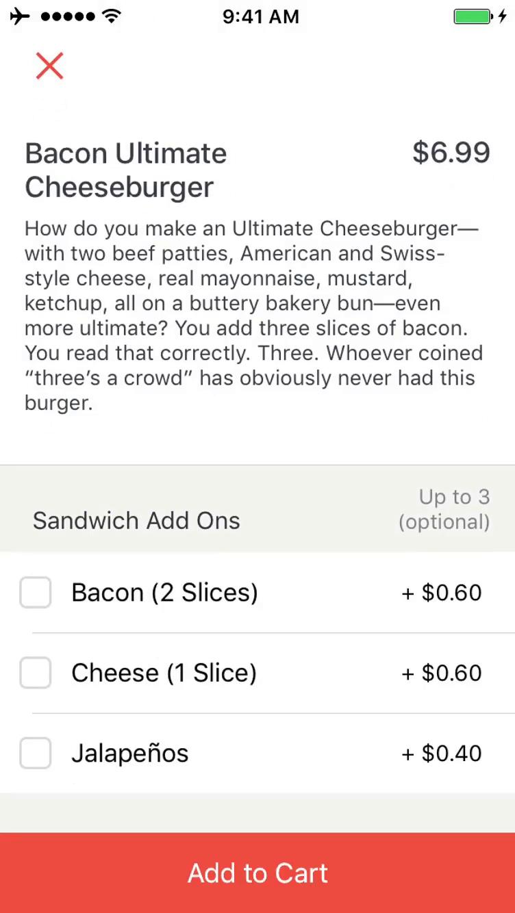 Ordering food screenshot