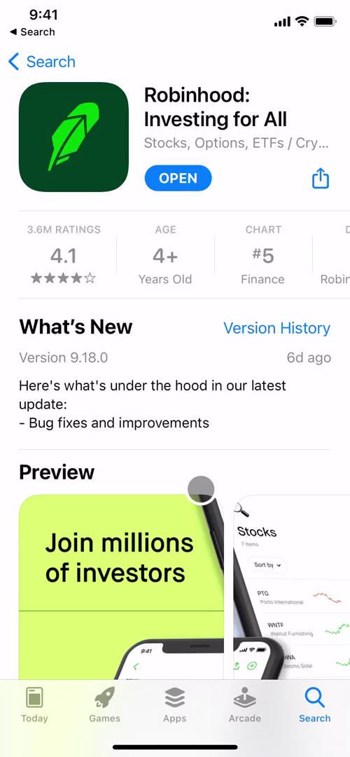 Screenshot of App store listing on Onboarding on Robinhood user flow