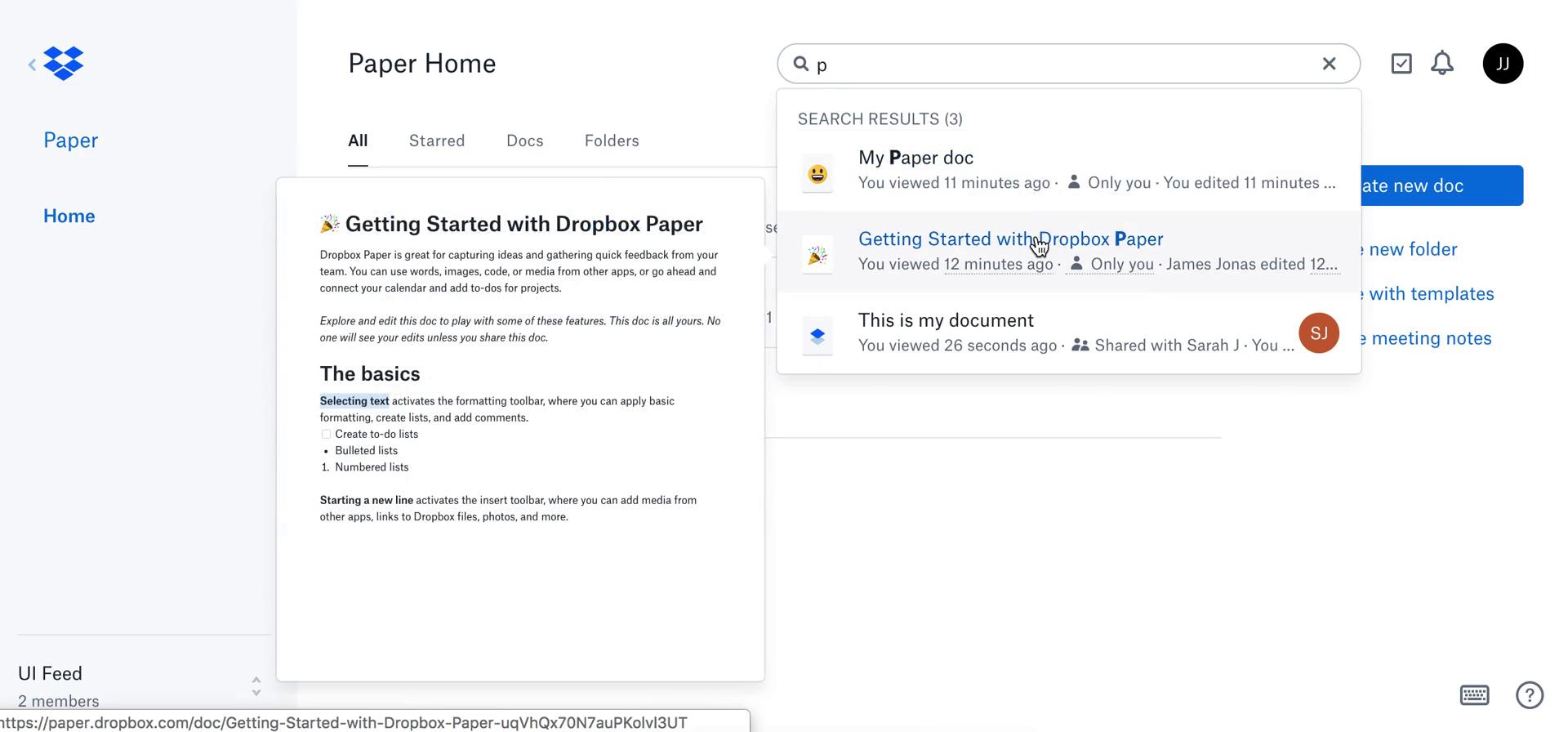 Screenshot of Search preview on Searching on Dropbox Paper user flow