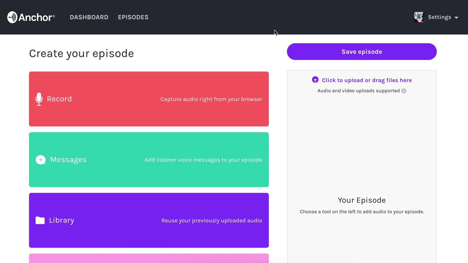 Screenshot of Create episode on Recording audio on Anchor user flow