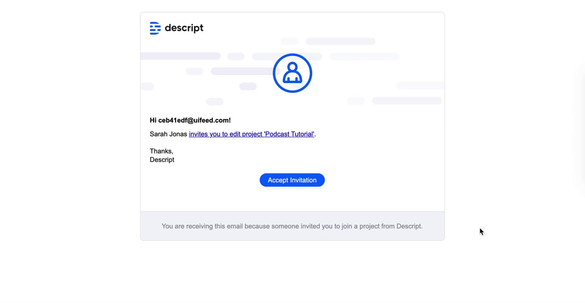 Screenshot of Invite email on Accepting an invite on Descript user flow