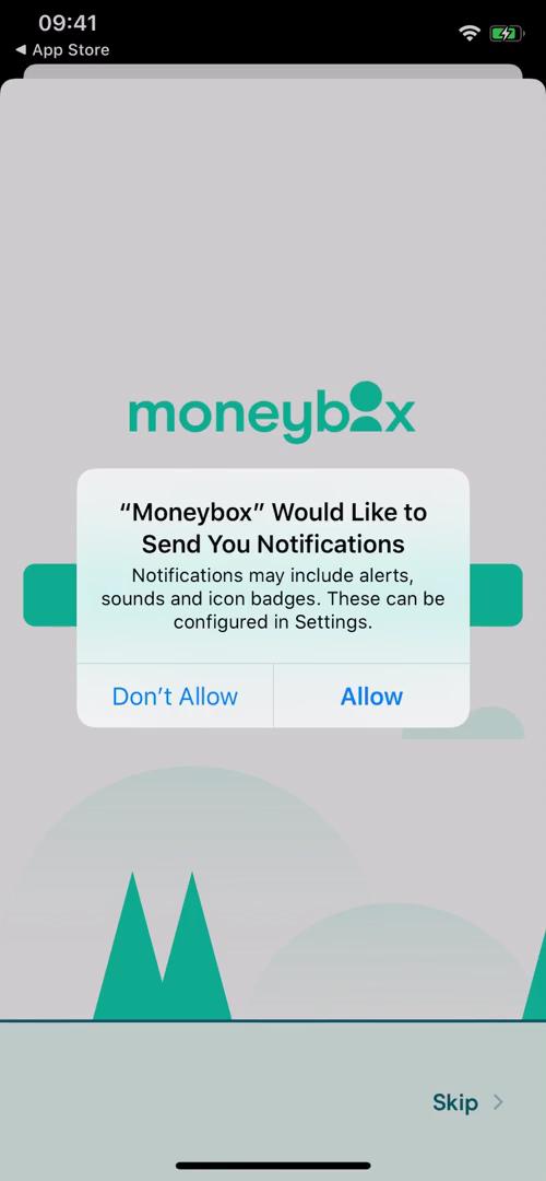 Screenshot of Notification permissions on Onboarding on Moneybox user flow