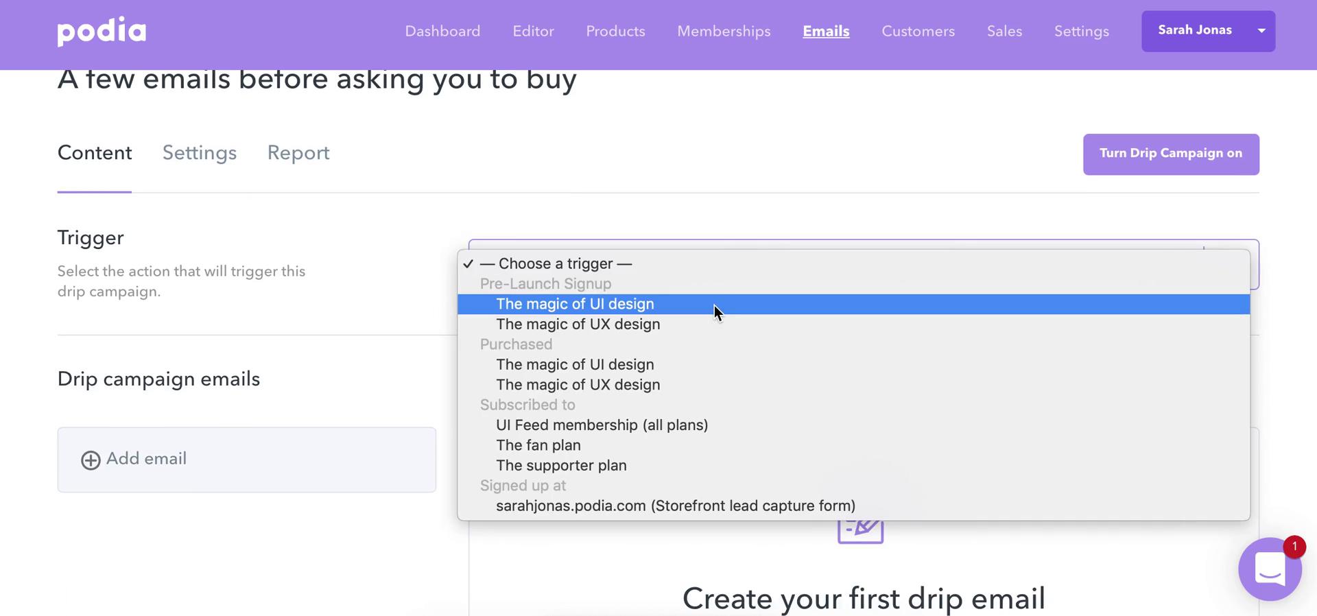 Creating a drip campaign screenshot