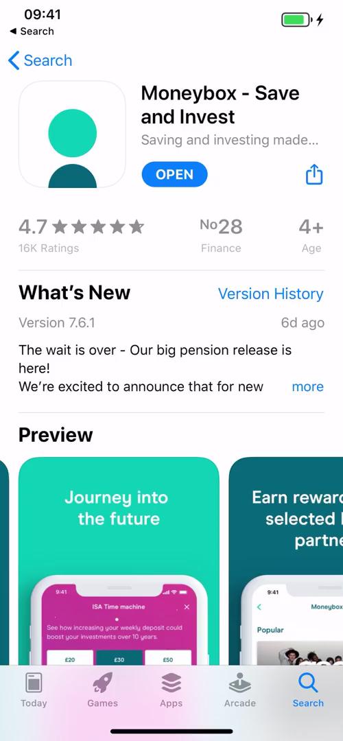 Screenshot of App store listing on Onboarding on Moneybox user flow