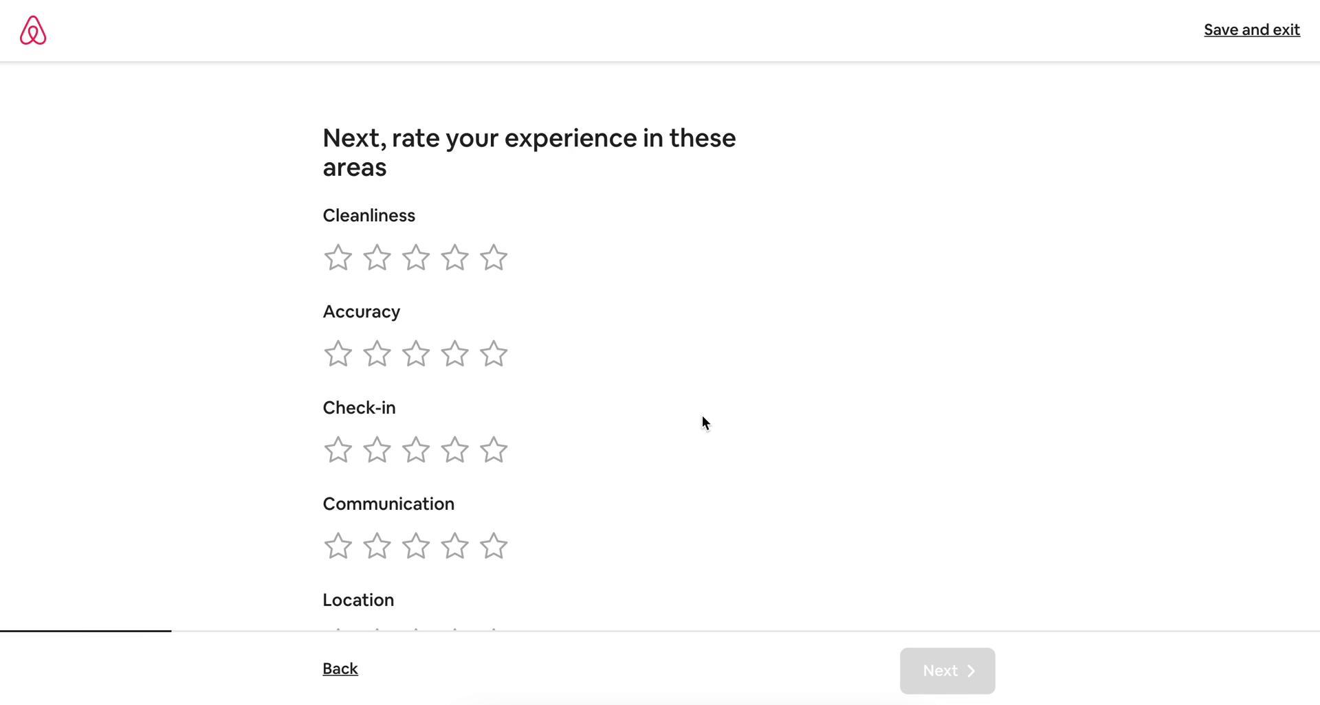 Screenshot of Add ratings on Leaving a review on Airbnb user flow