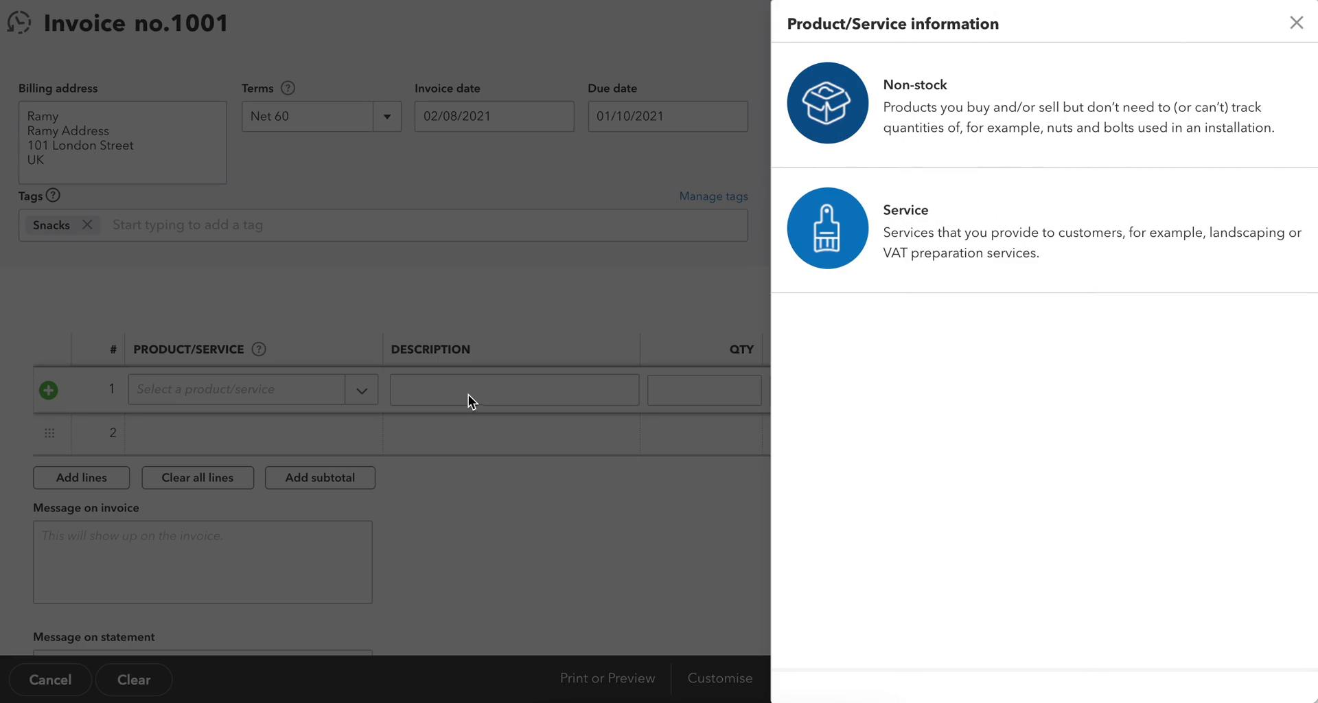 Creating an invoice screenshot