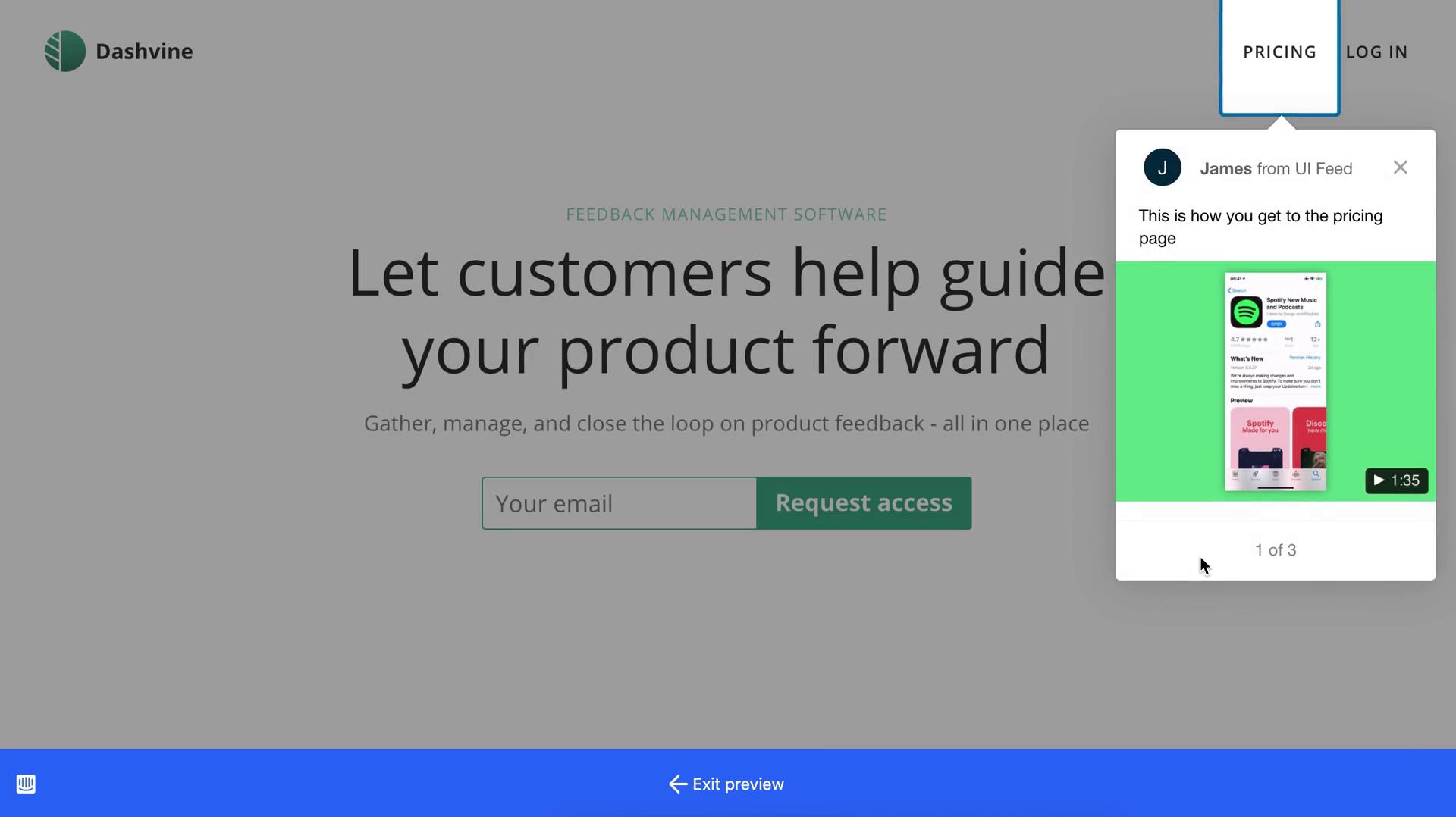 Creating a product tour screenshot