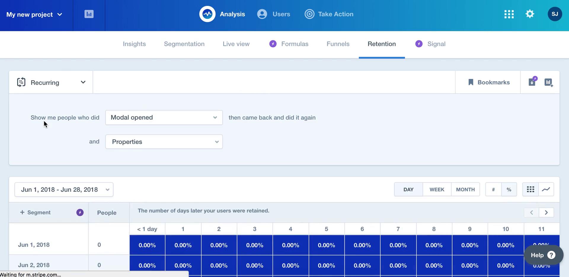 Screenshot of on Retention analytics on Mixpanel user flow