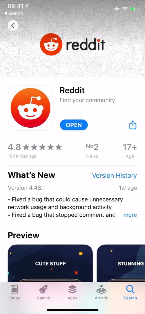 Screenshot of App store listing on Onboarding on Reddit user flow