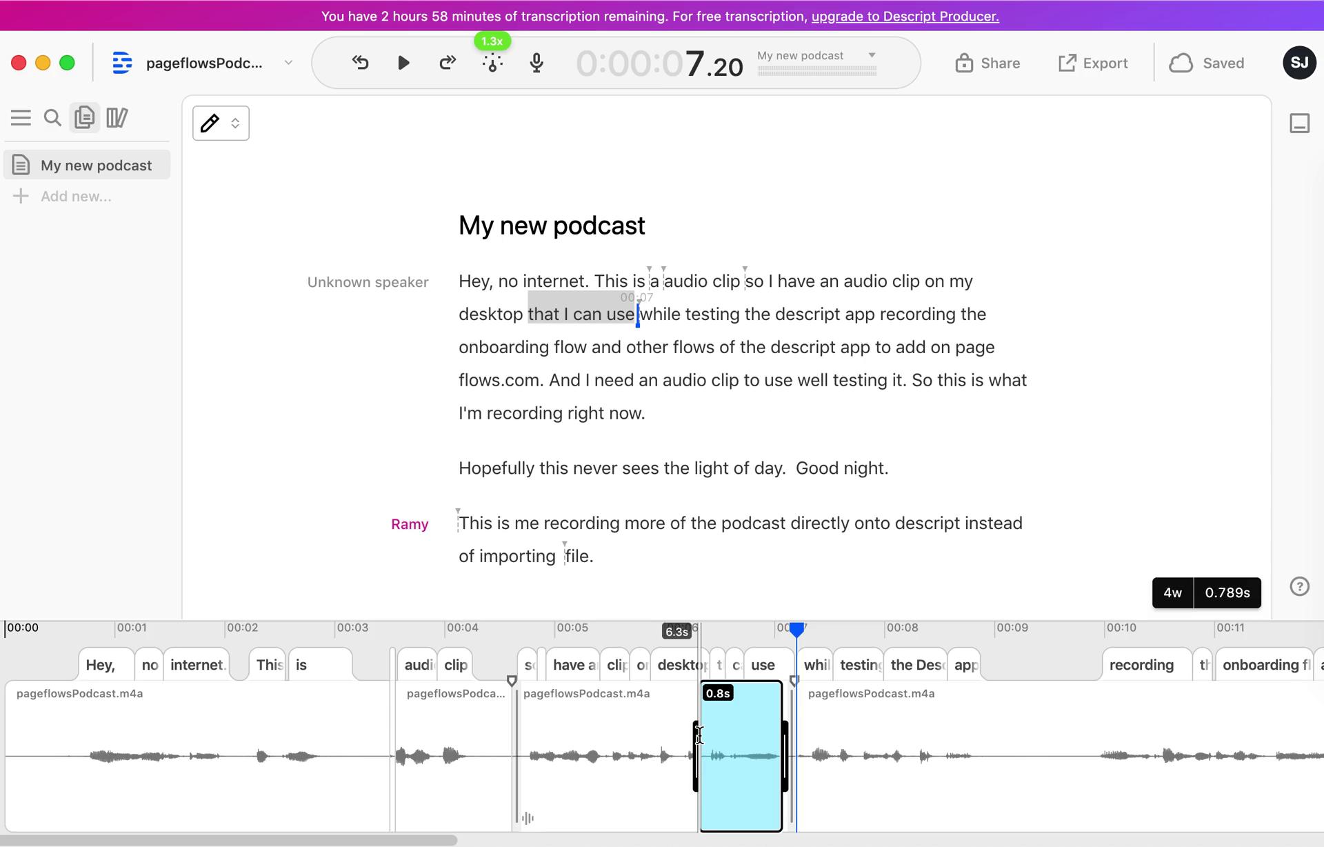 Screenshot of Audio editor on Editing audio on Descript user flow
