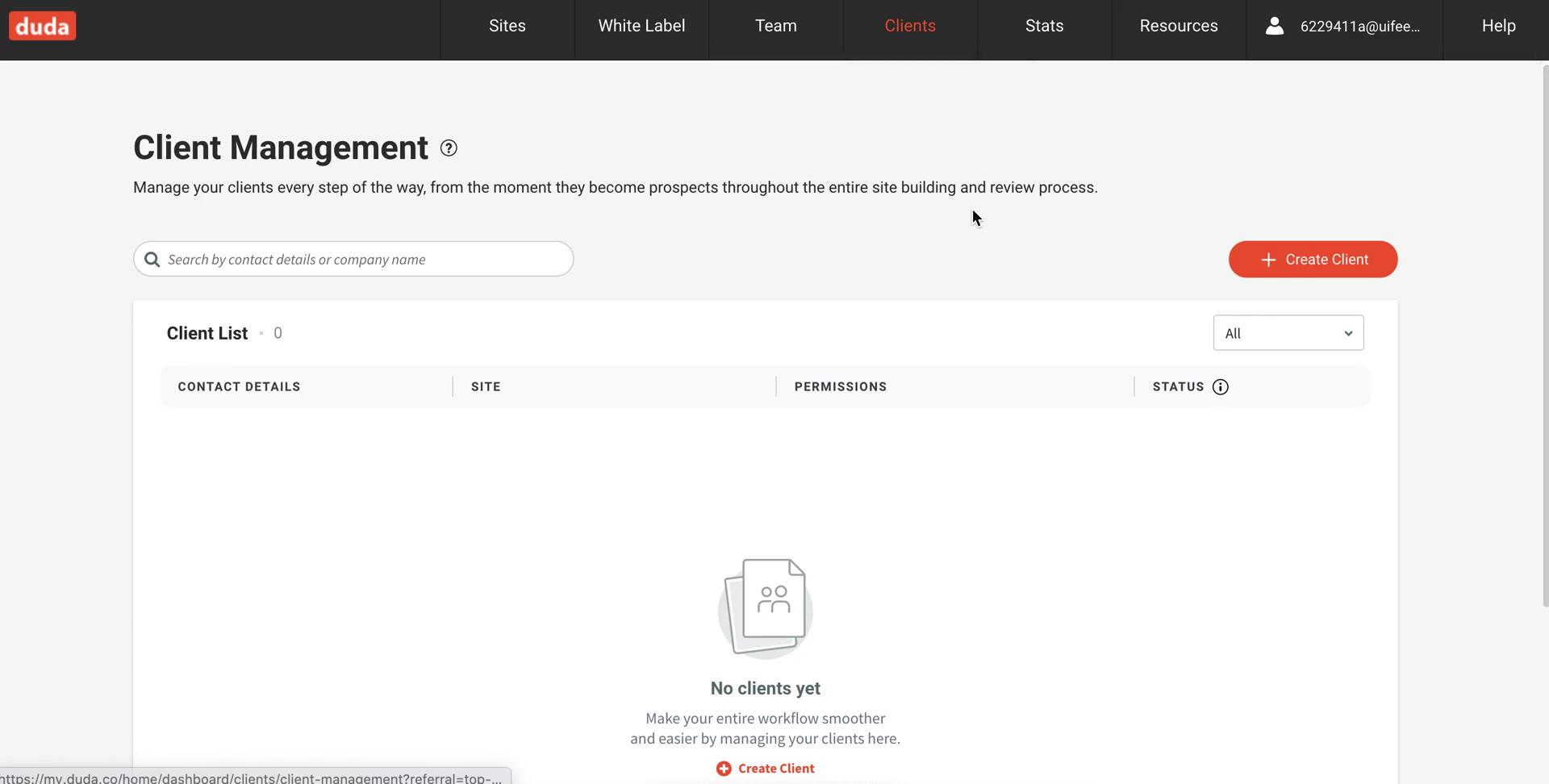 Screenshot of Client management on CRM on Duda user flow