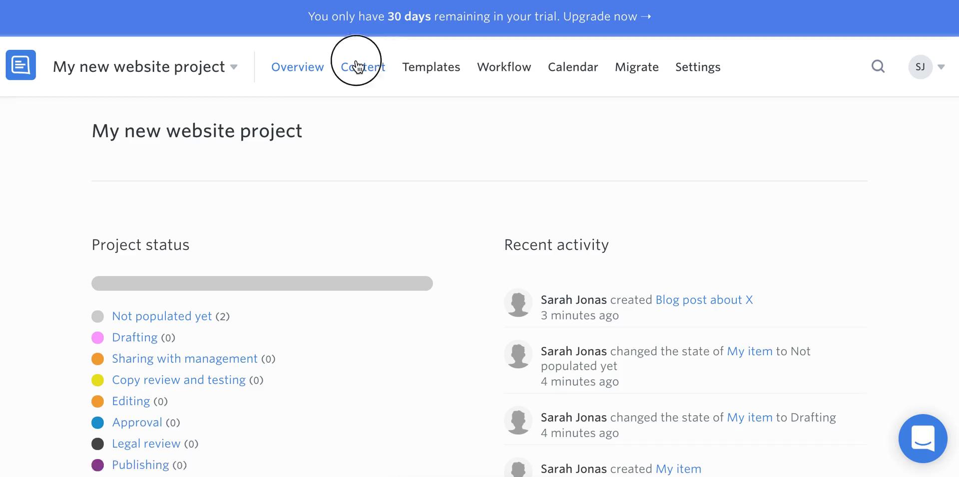 Screenshot of Project dashboard on Creating a document on GatherContent user flow