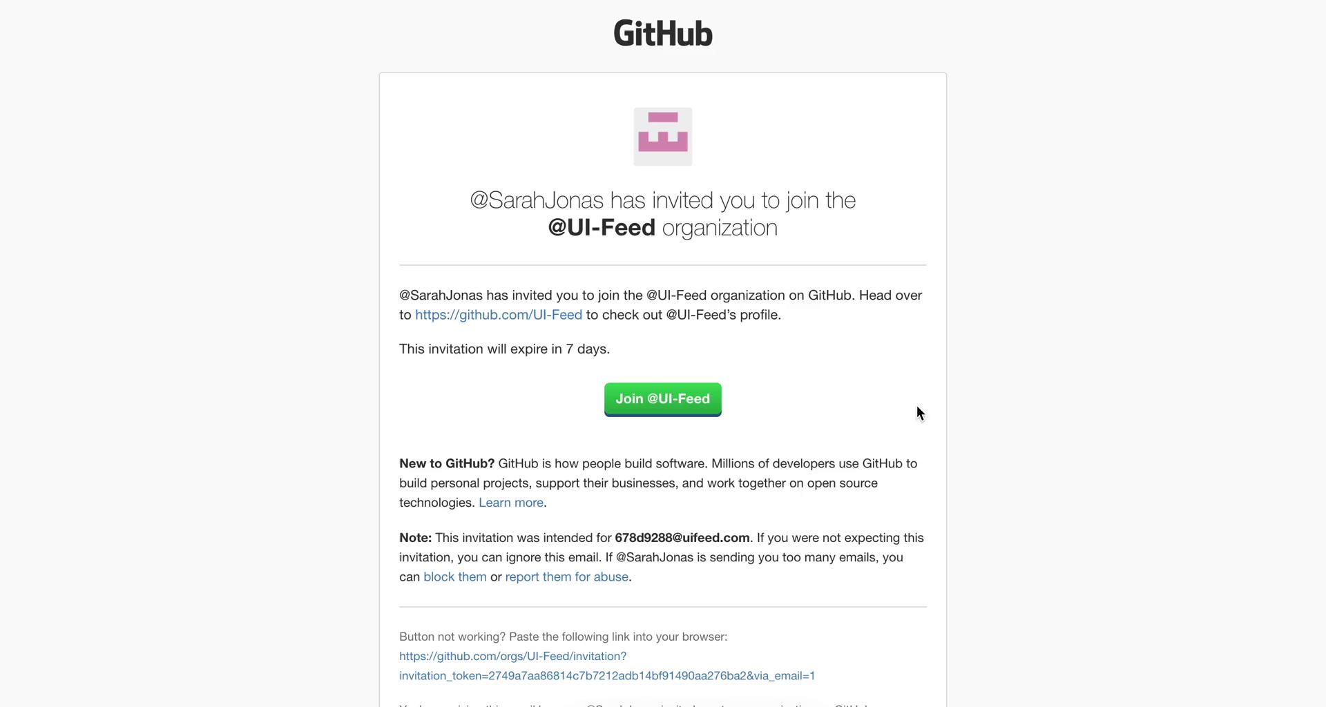 Screenshot of Invite email on Accepting an invite on GitHub user flow