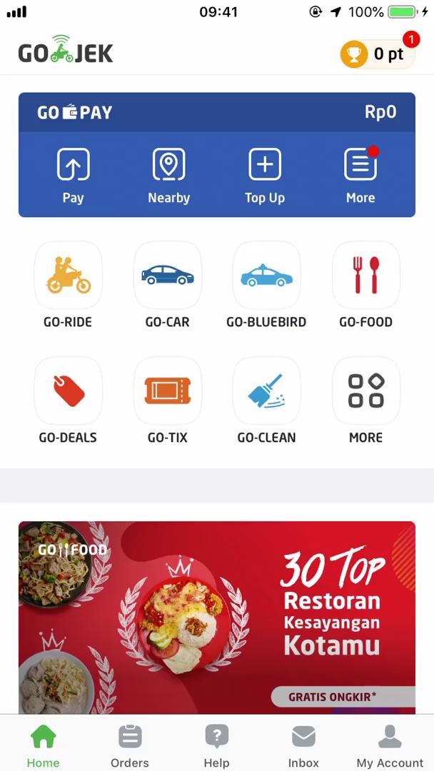 Screenshot of Home feed on Buying a ticket on Go-Jek user flow