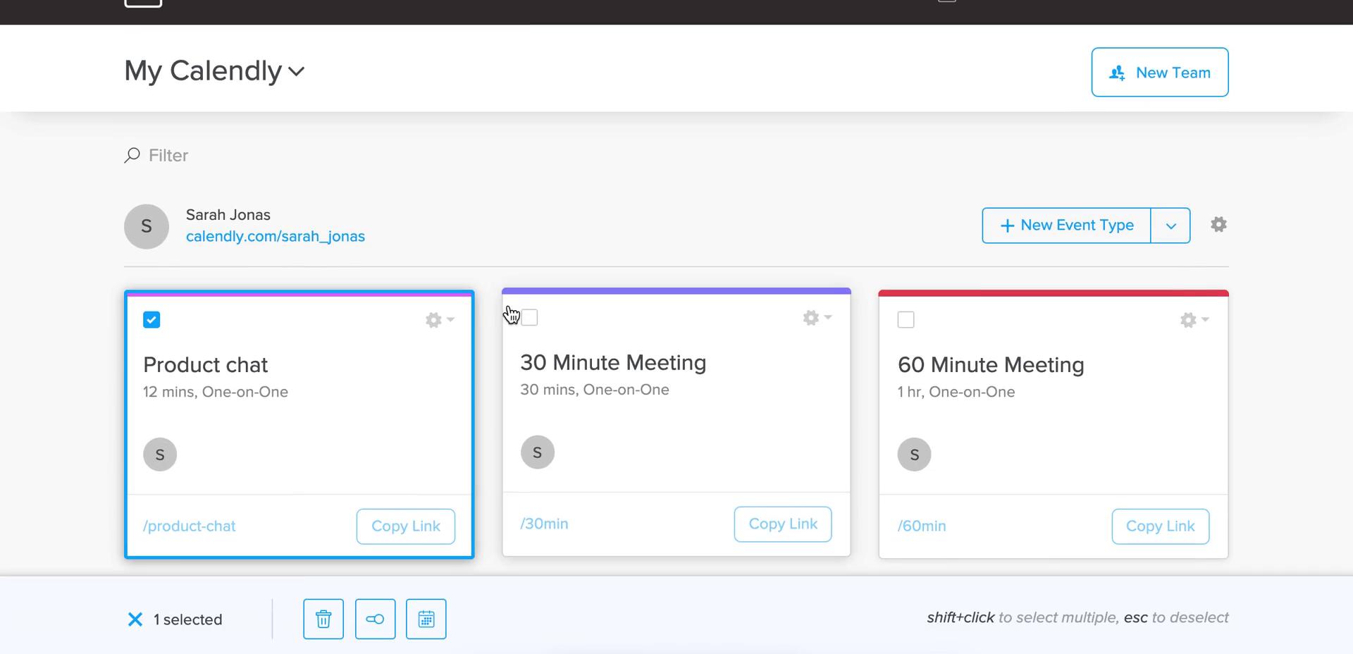 Calendly manage event types screenshot