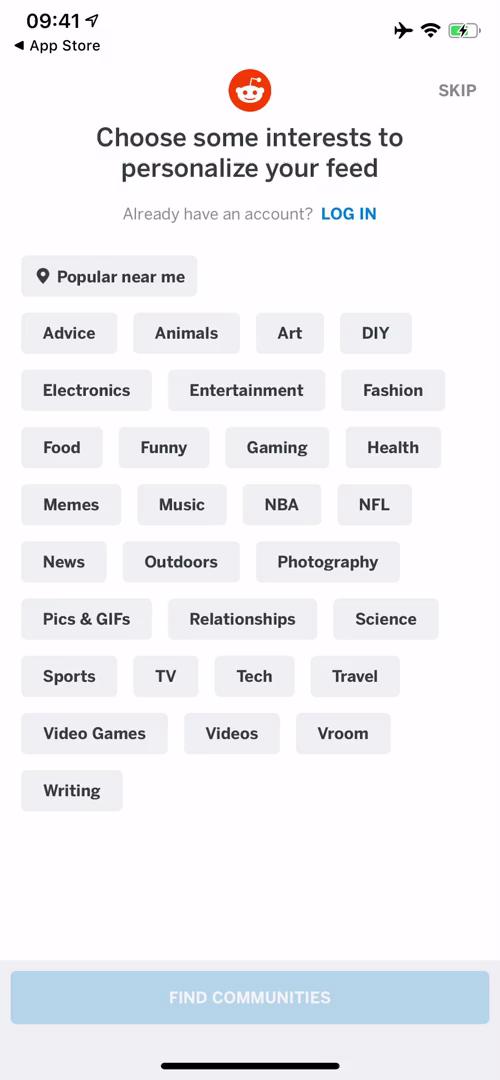 Reddit select interests screenshot