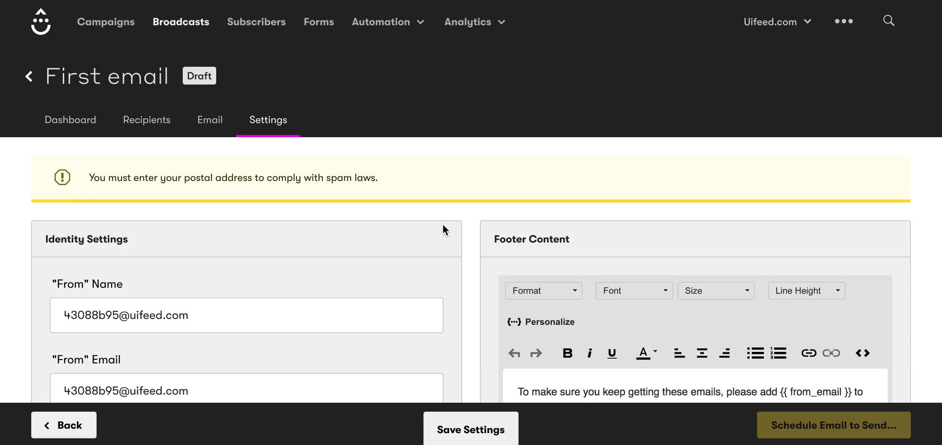 Creating an email campaign screenshot