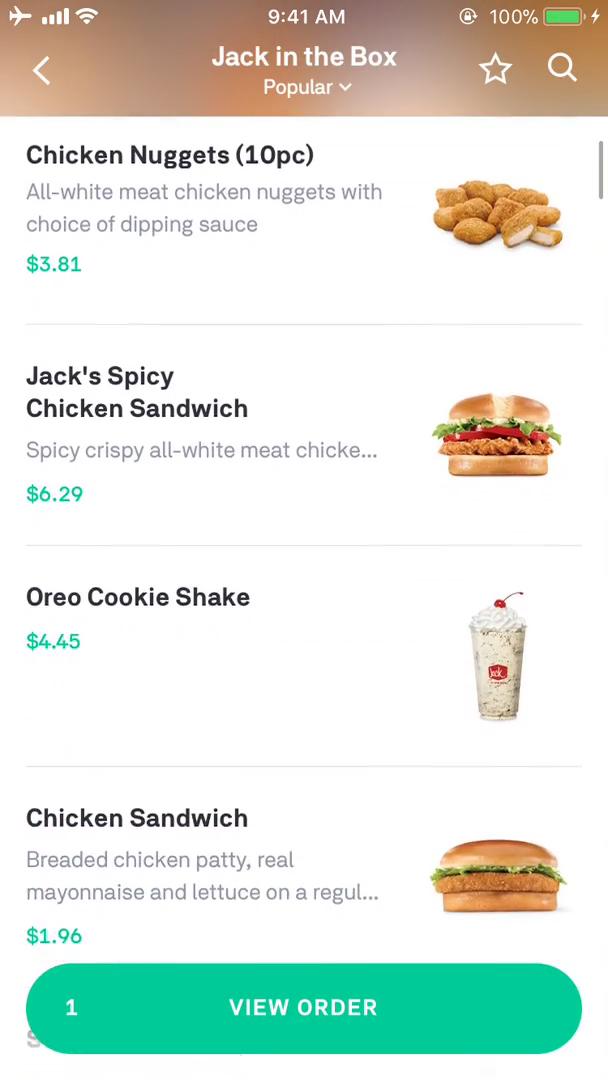 Ordering food screenshot