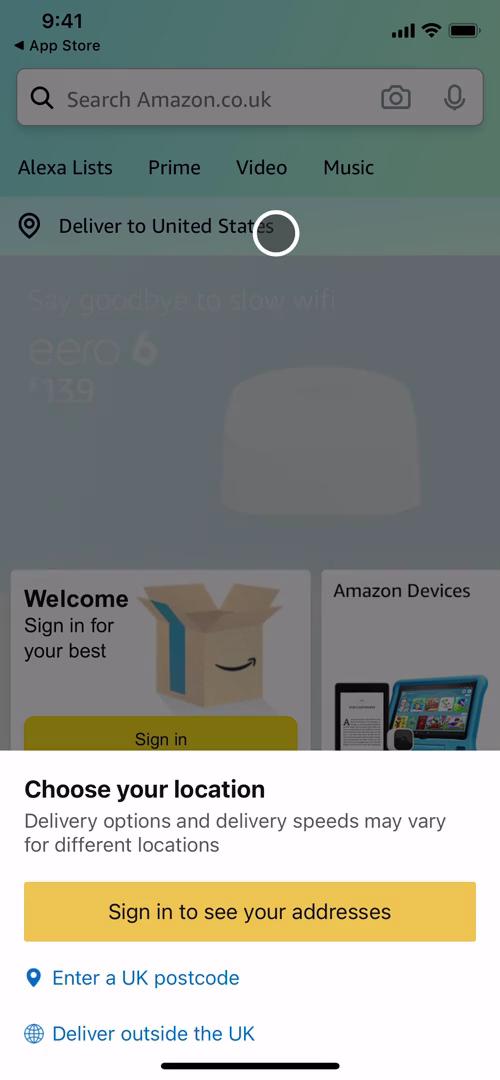 Screenshot of Set location on Onboarding on Amazon user flow