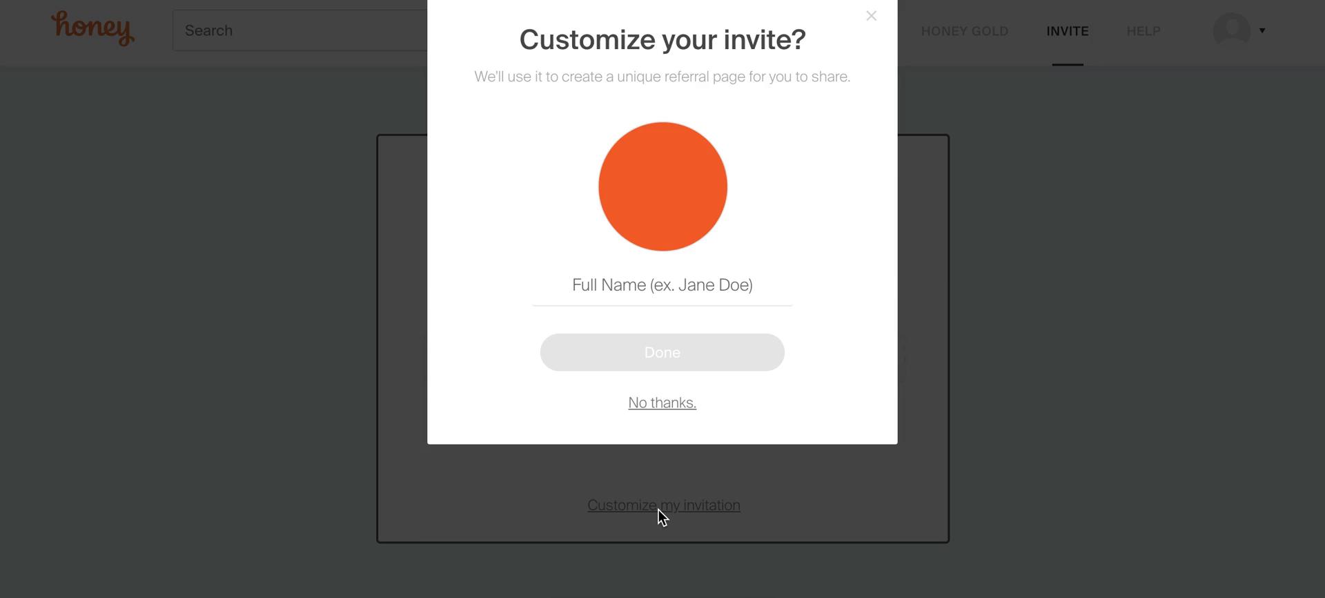 Honey customize invite screenshot
