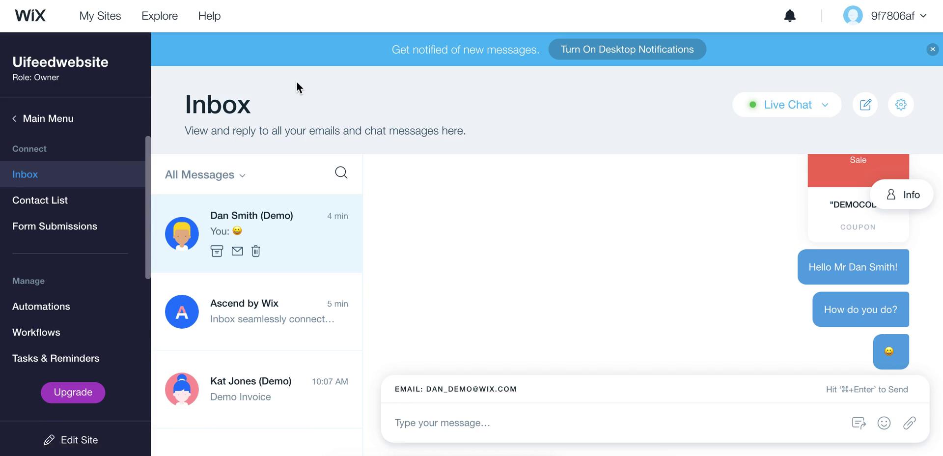Screenshot of Inbox on CRM on Wix user flow