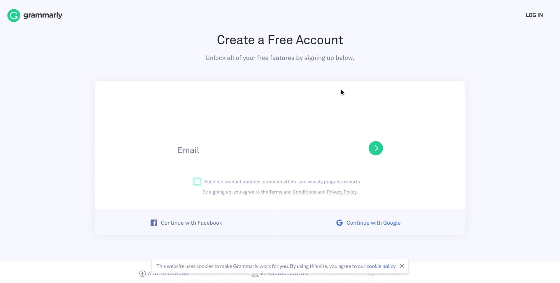 Screenshot of Sign up on Onboarding on Grammarly user flow
