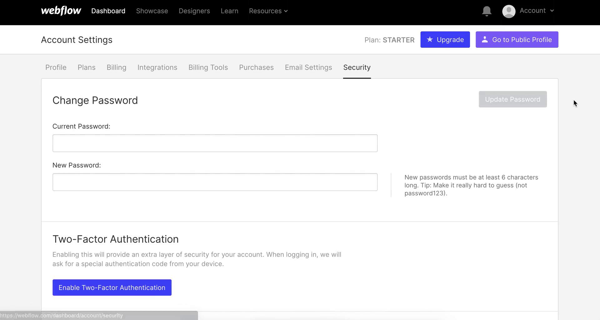 Screenshot of Security settings on Deleting your account on Webflow user flow