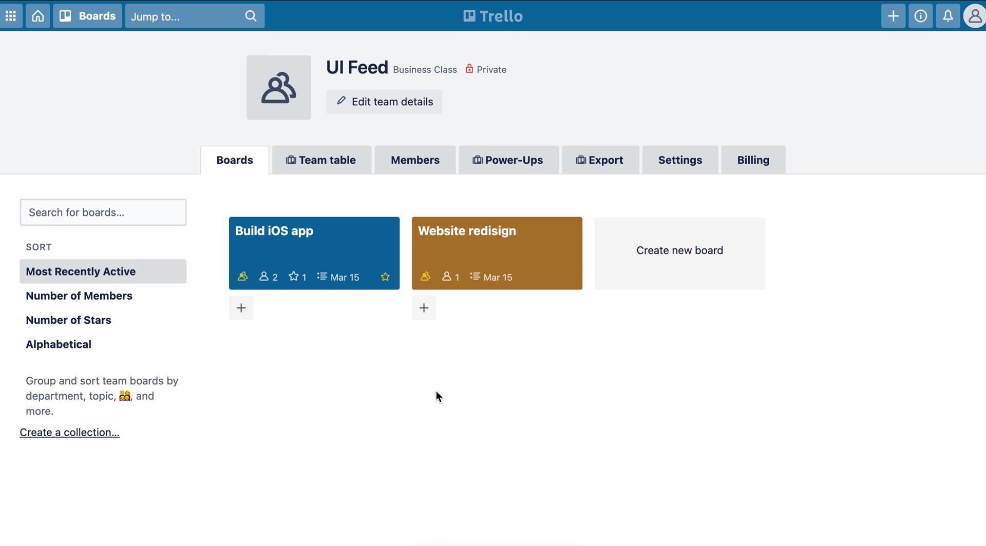 Screenshot of Boards on General browsing on Trello user flow