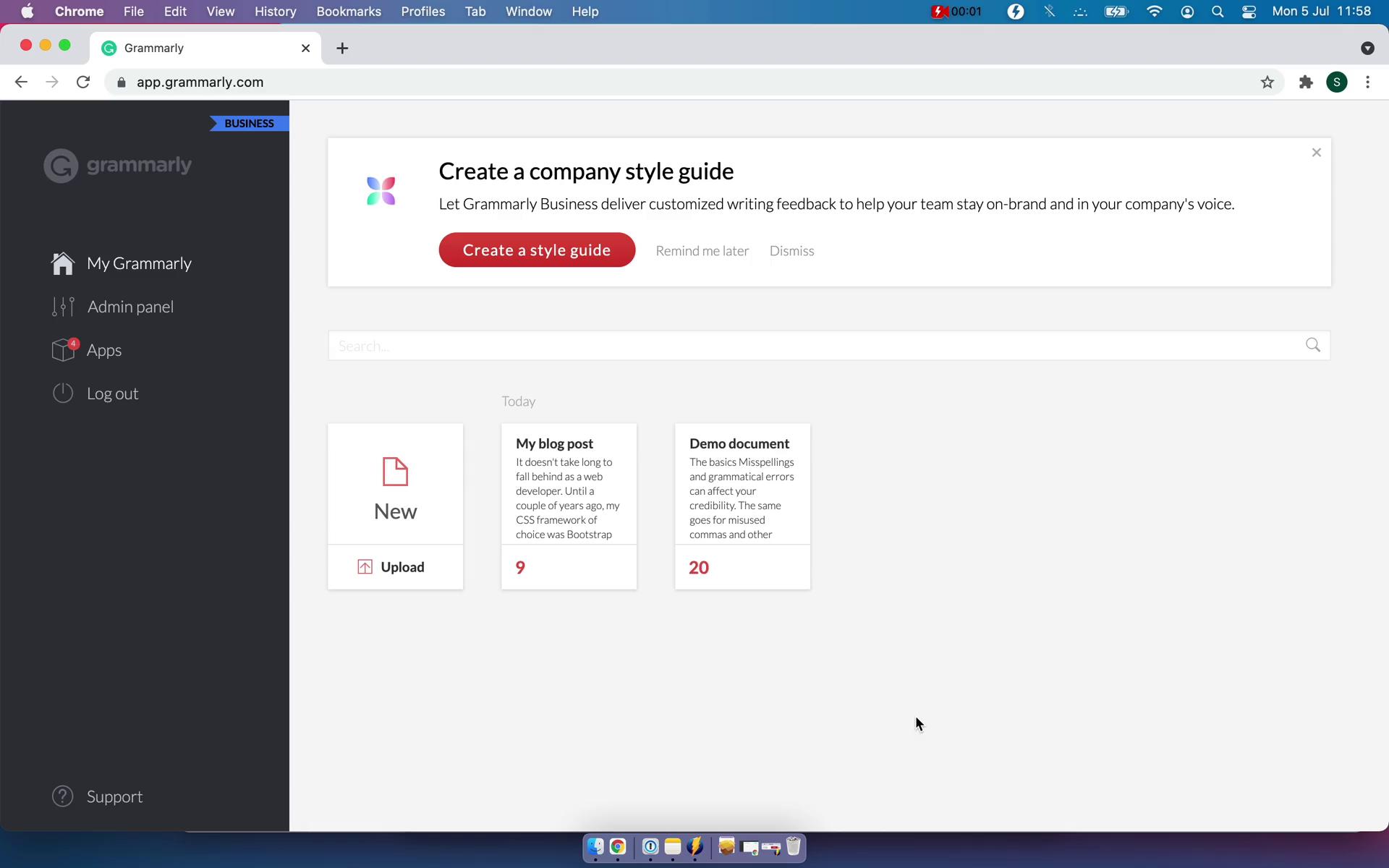 Screenshot of Dashboard on Setting goals on Grammarly user flow