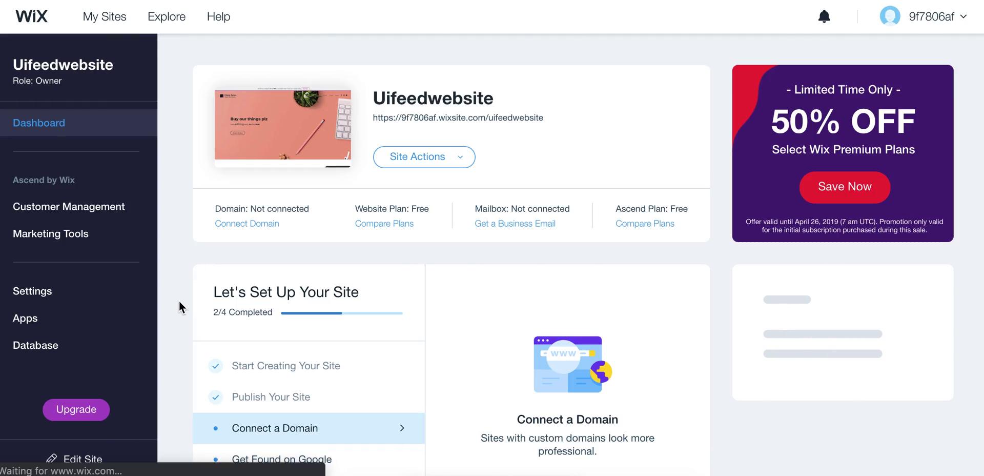 Screenshot of Website dashboard on Chat on Wix user flow