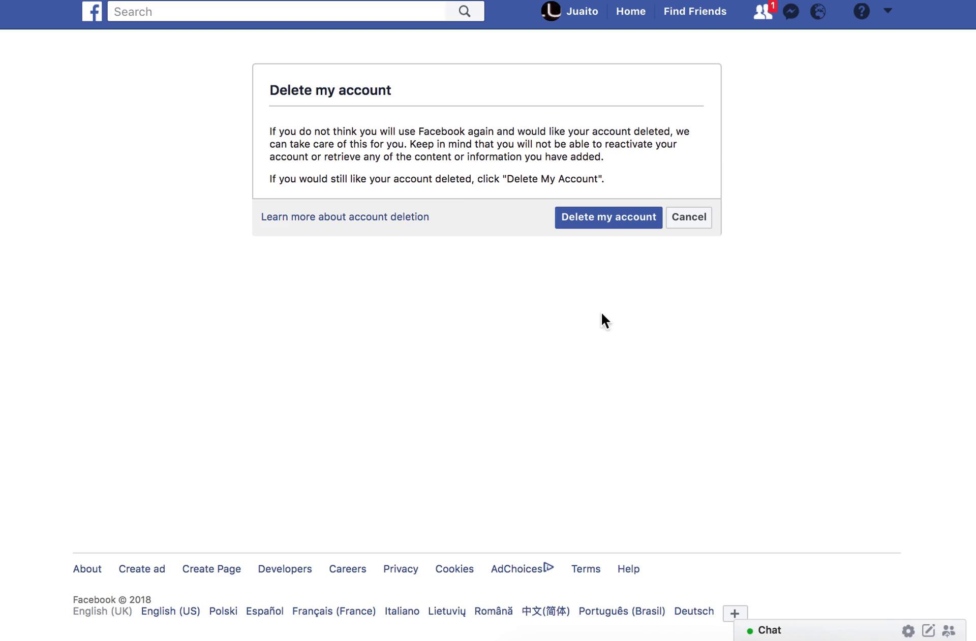 Facebook's account deletion page