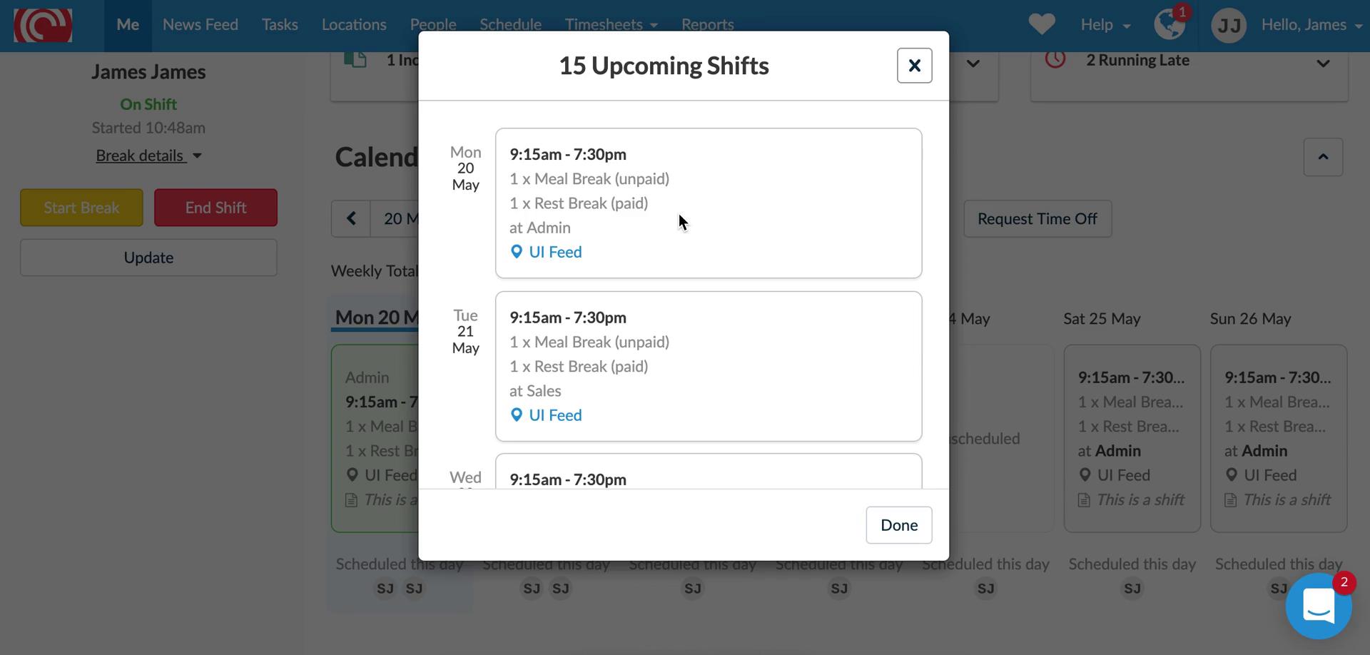 Screenshot of Upcoming shifts on General browsing on Deputy user flow