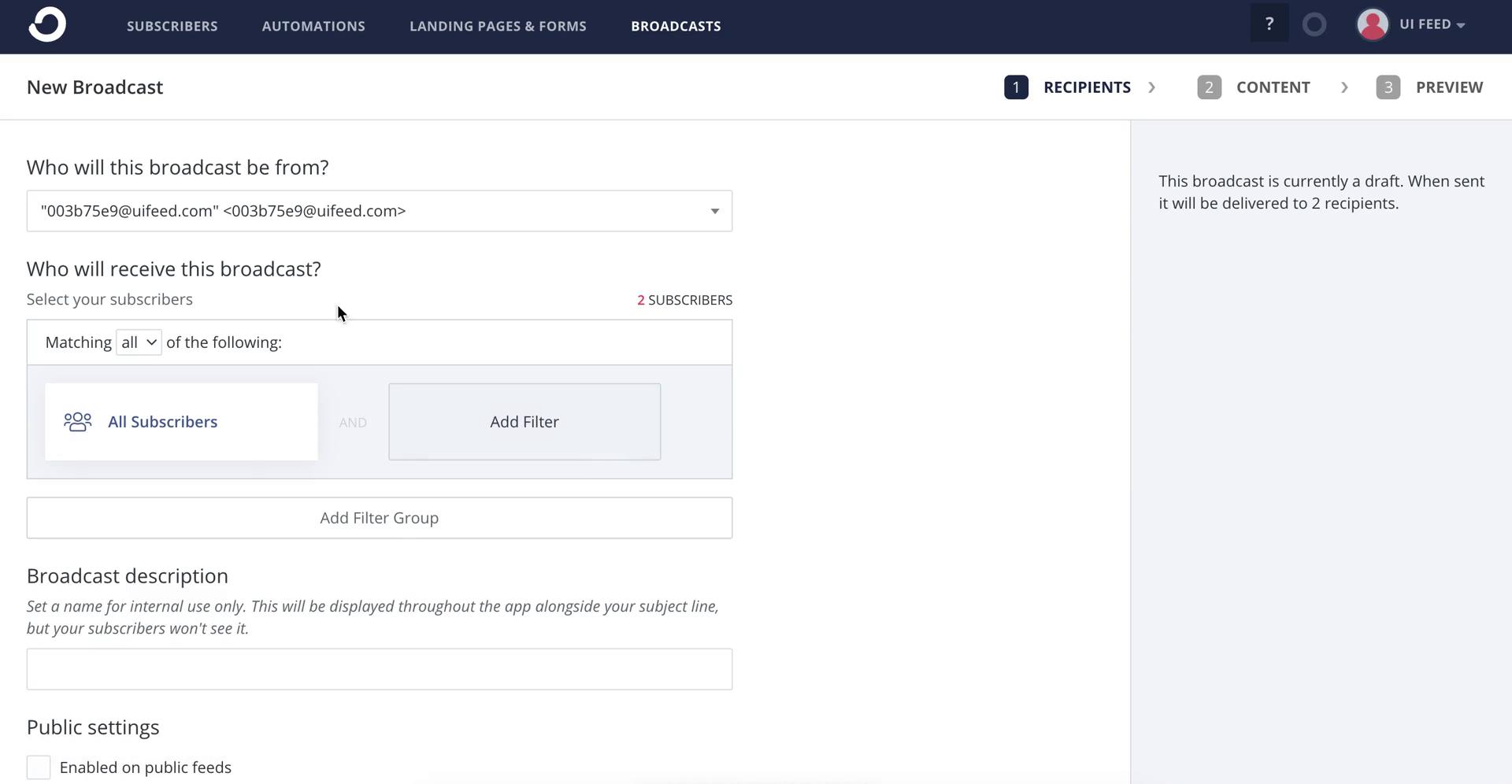 Screenshot of Create broadcast on Creating an email campaign on ConvertKit user flow