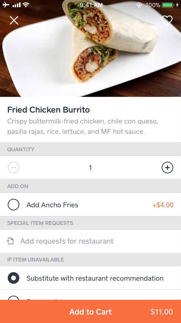 Ordering food screenshot