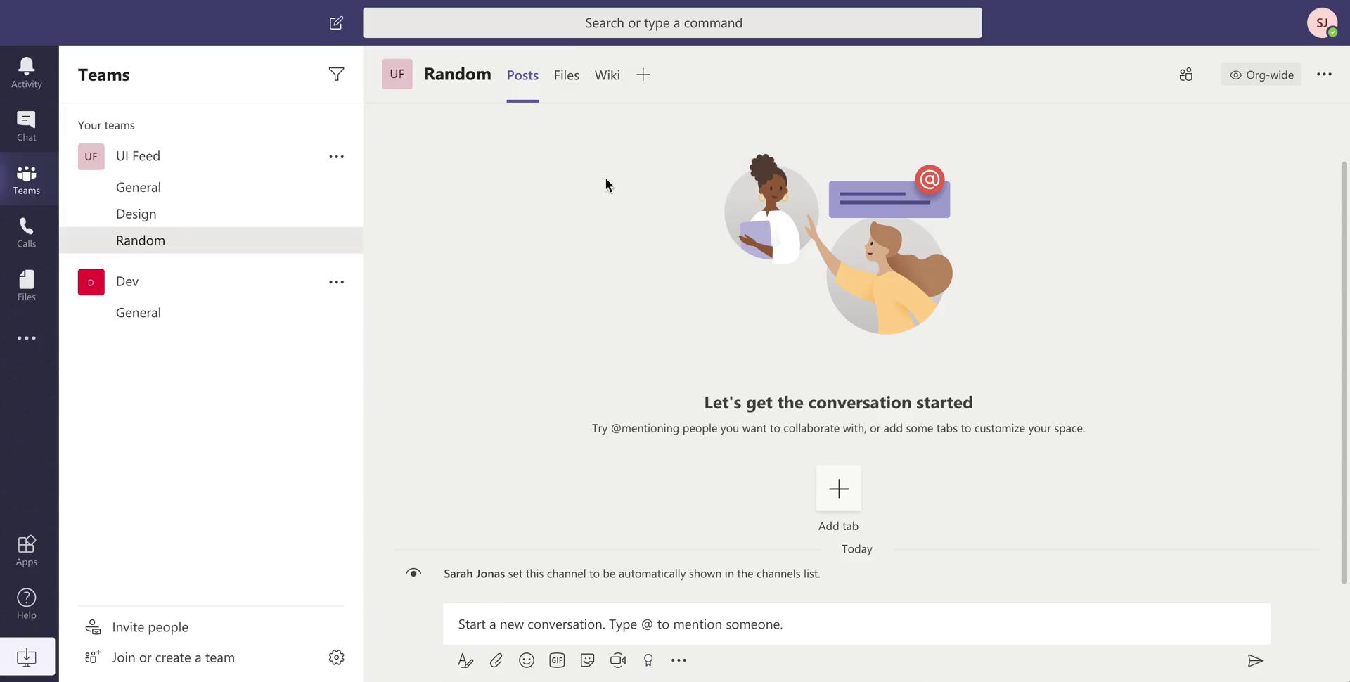 Screenshot of Chat channel on Searching on Microsoft Teams user flow