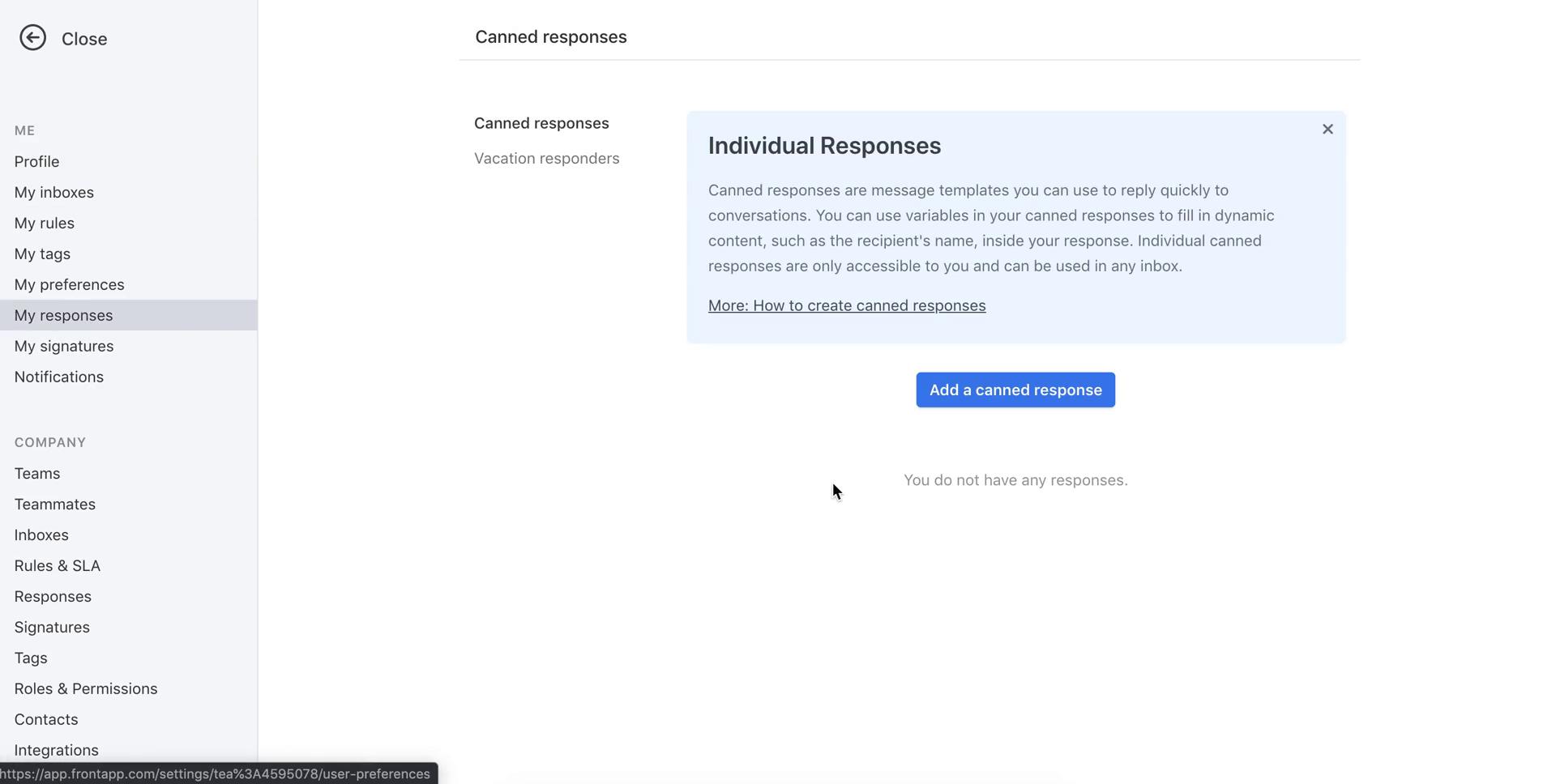 Screenshot of Canned responses on Creating a template on Front user flow
