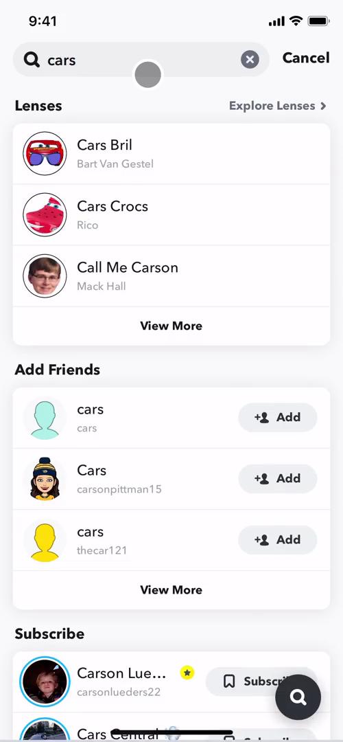 Screenshot of Search results on Searching on Snapchat user flow