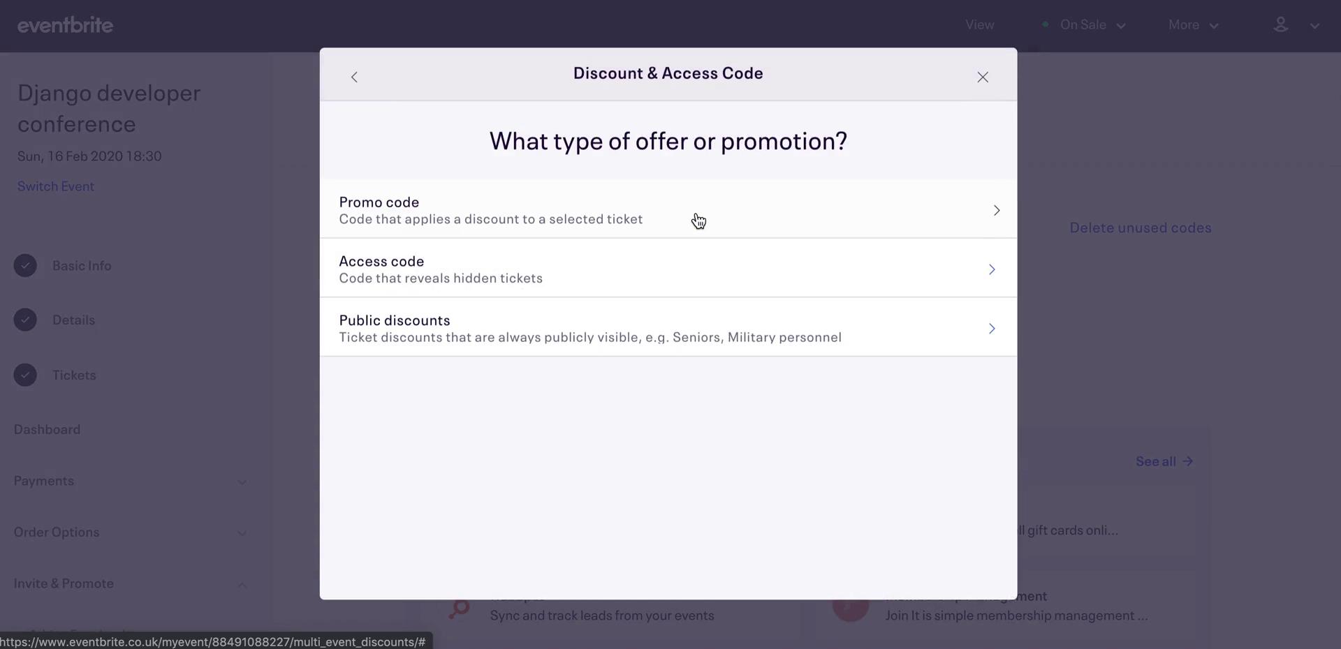 Creating promo codes screenshot