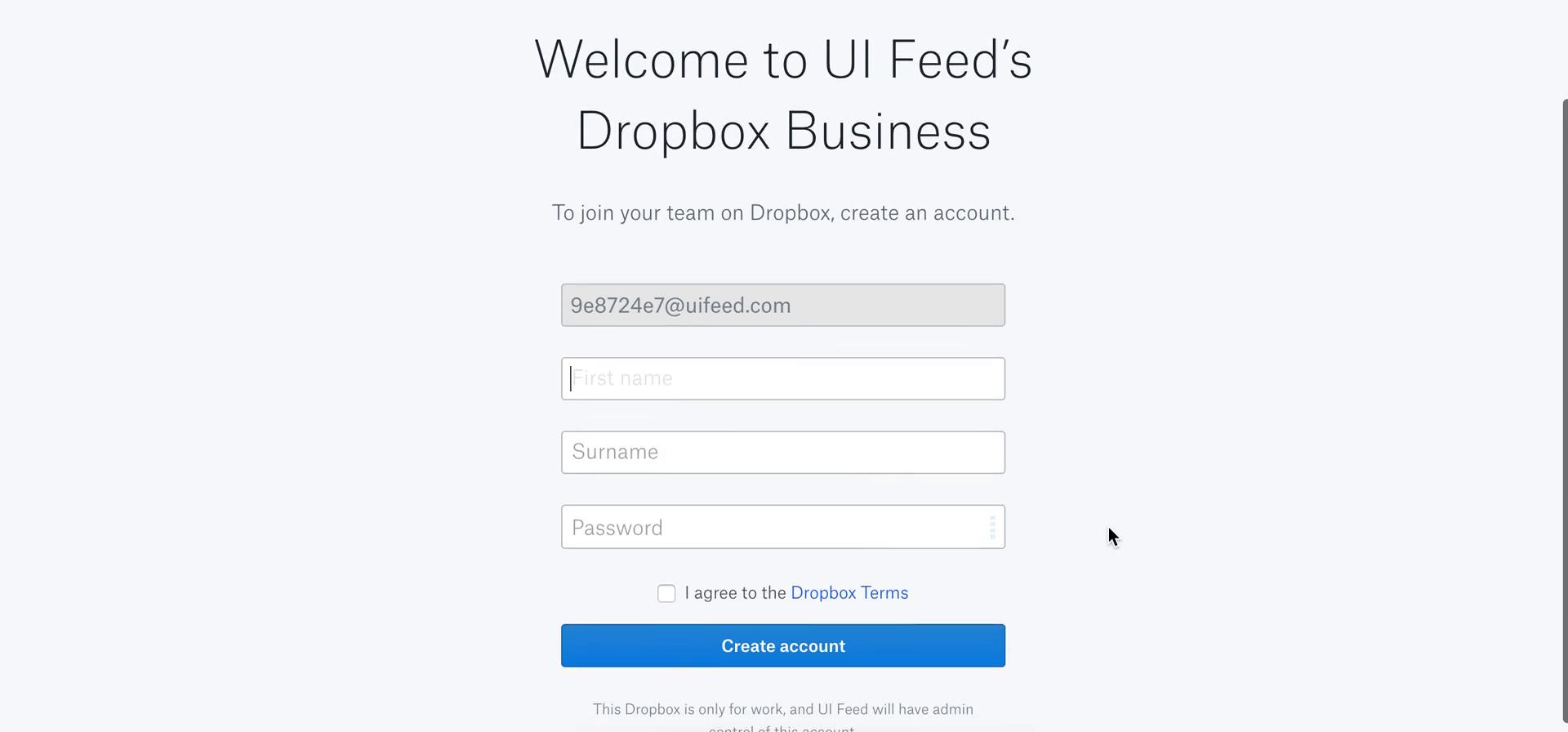 Screenshot of Sign up on Accepting an invite on Dropbox Paper user flow