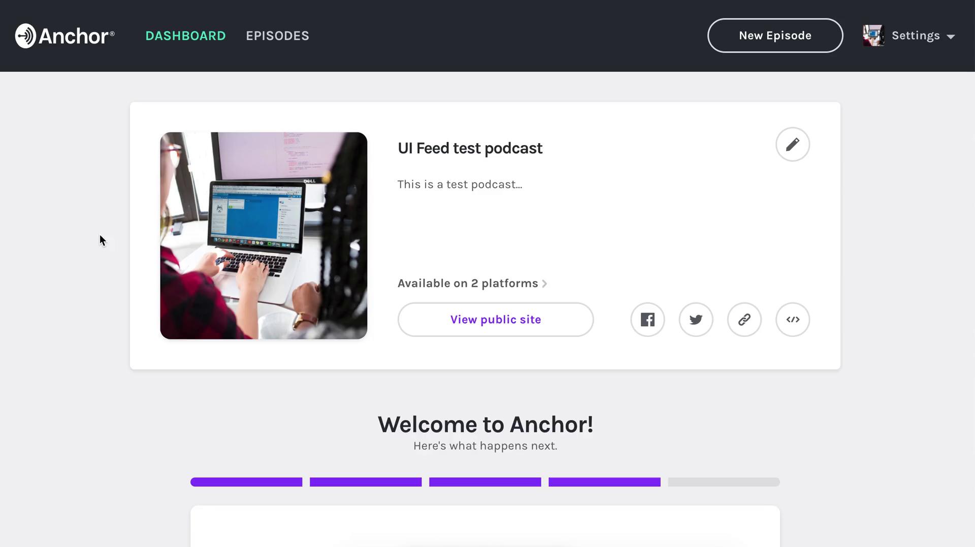 Screenshot of Dashboard on General browsing on Anchor user flow