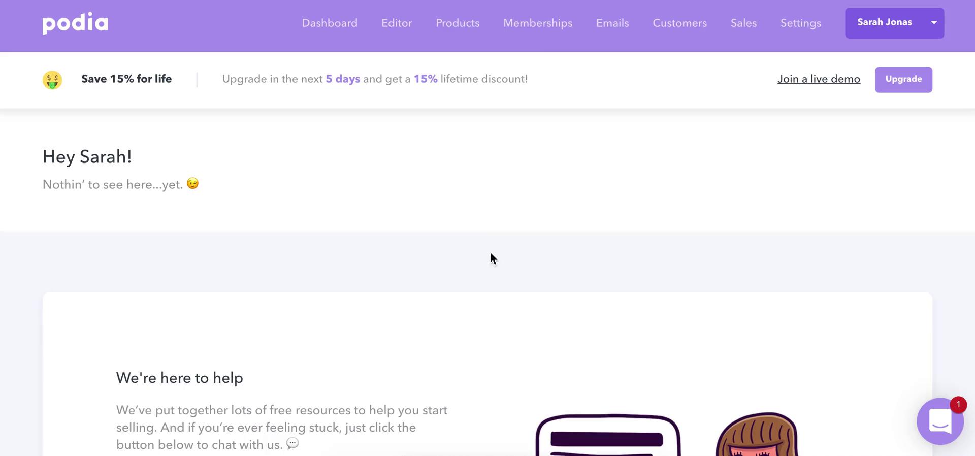 Screenshot of Dashboard on Create a membership site on Podia user flow