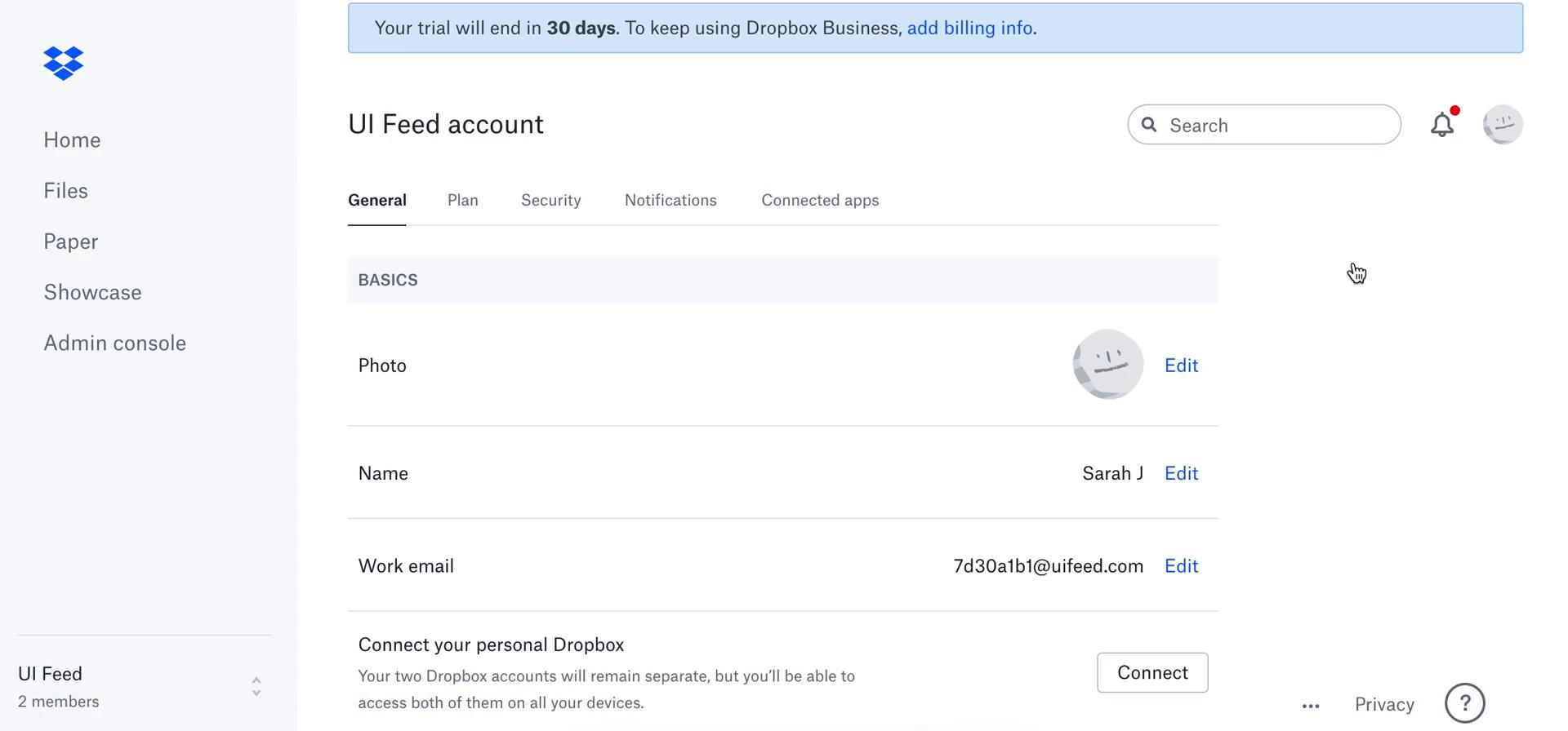 Screenshot of Settings on Downgrading your account on Dropbox Paper user flow