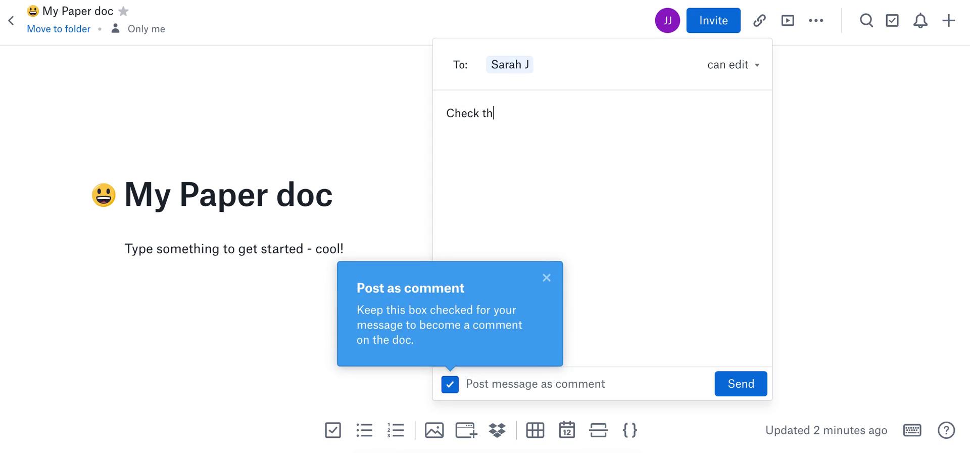 Screenshot of Share on Sharing on Dropbox Paper user flow