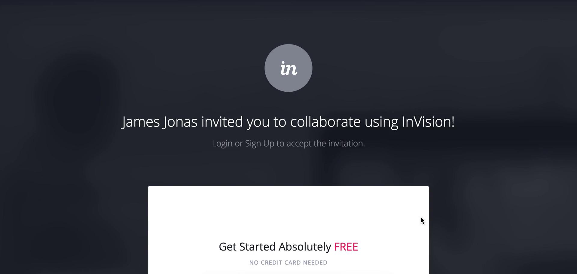 Screenshot of Invitation on Accepting an invite on InVision user flow