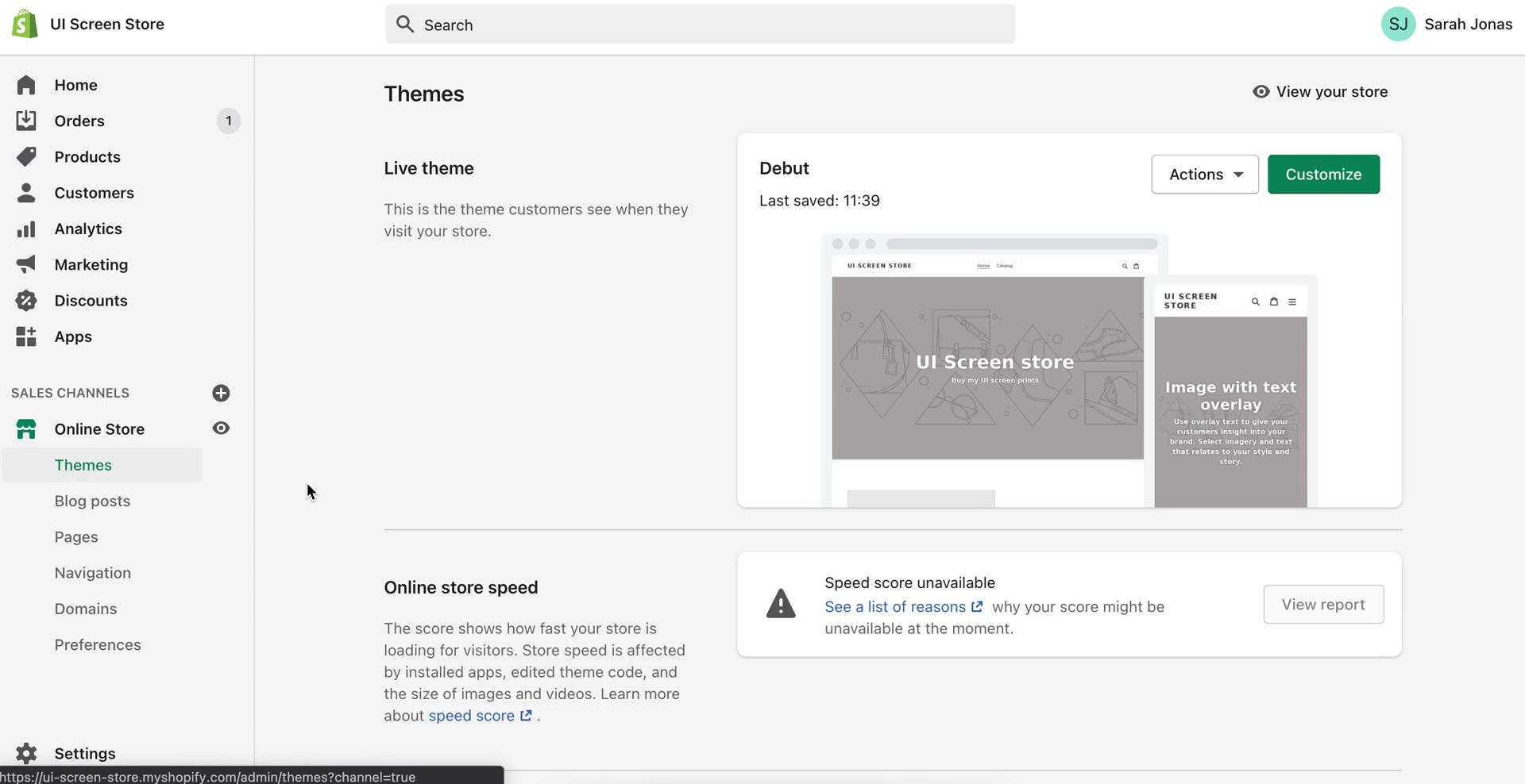 Screenshot of Themes on Customization settings on Shopify user flow