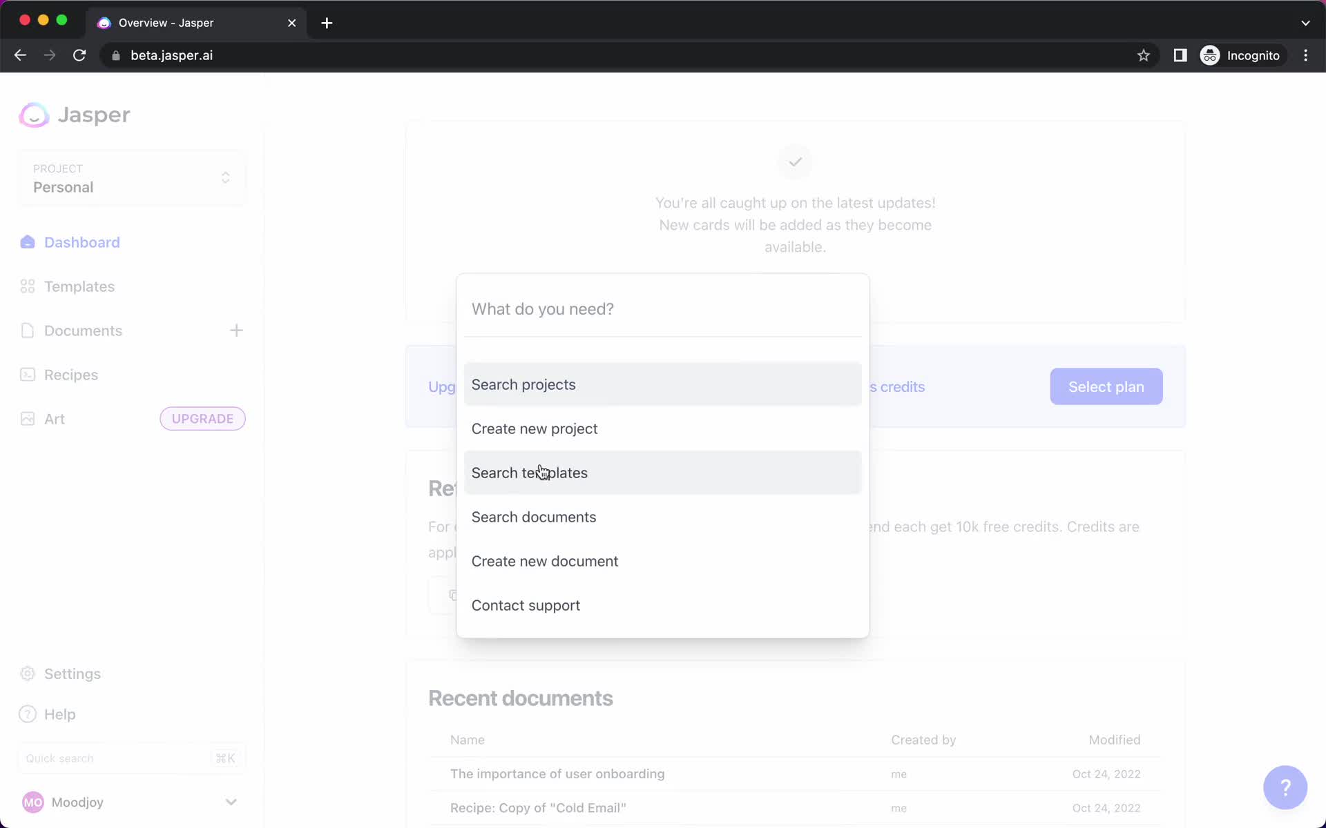 Screenshot of Command menu on Searching on Jasper user flow