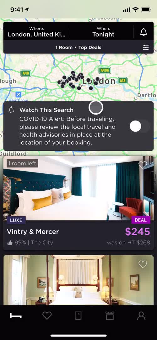 Screenshot of Search results on Searching on HotelTonight user flow