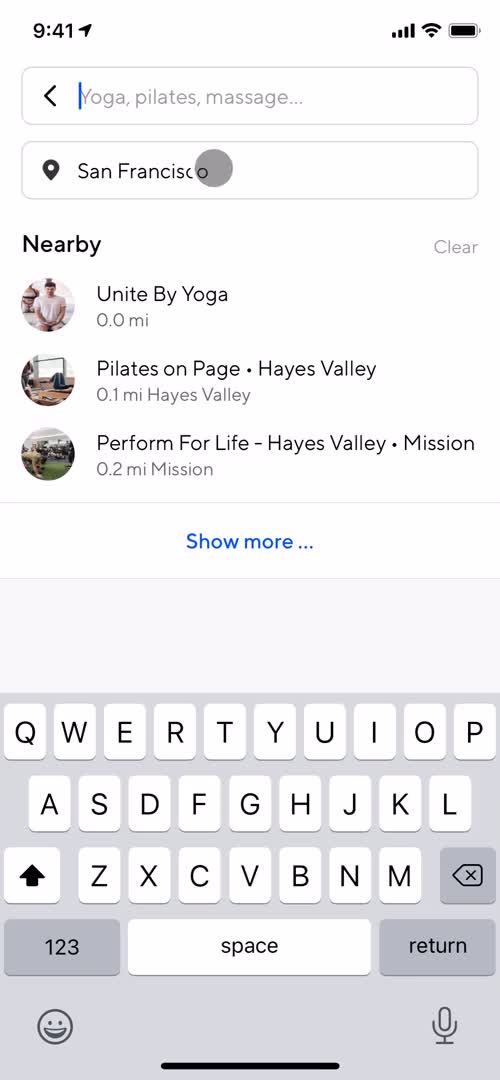 Screenshot of Search on Searching on ClassPass user flow