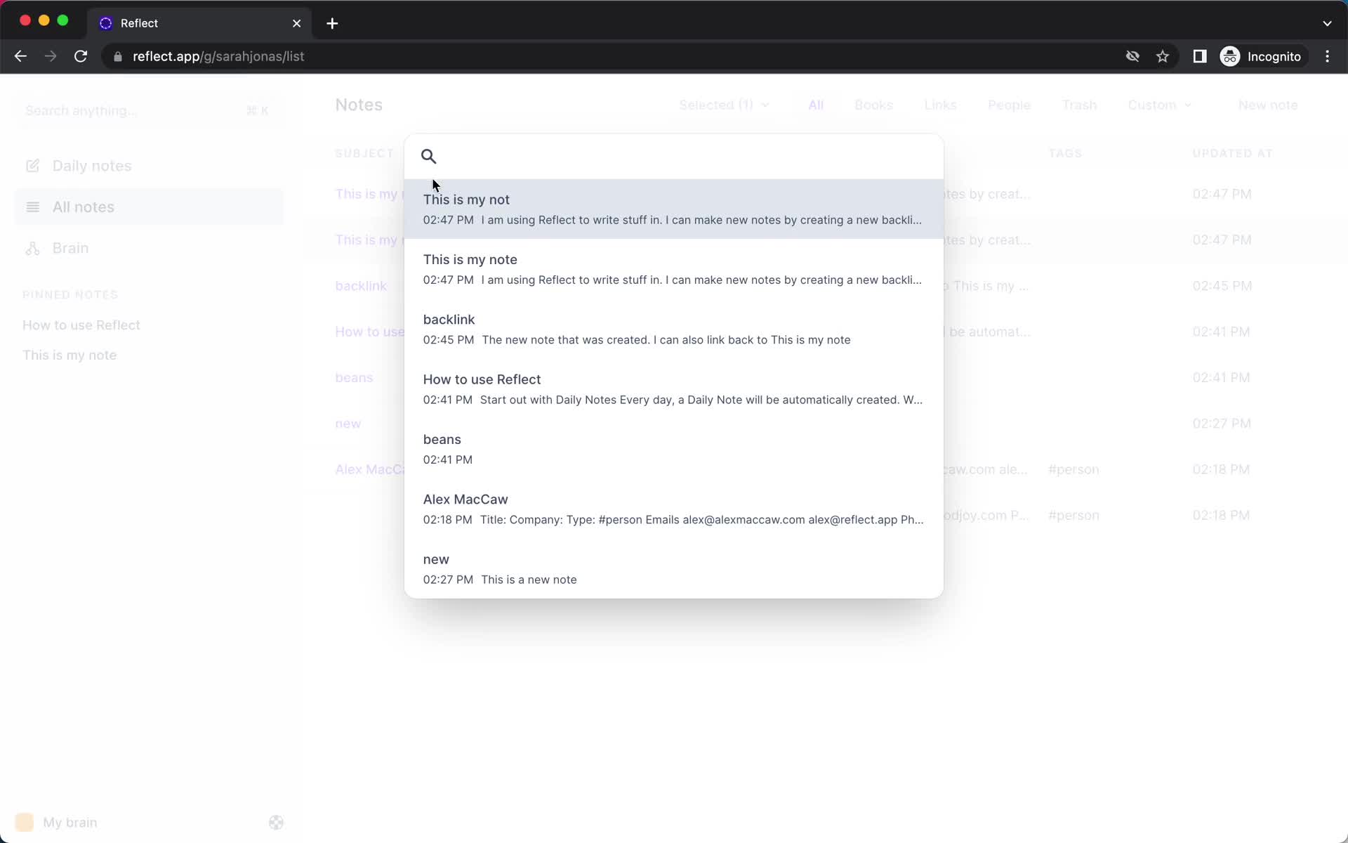 Screenshot of Search on Searching on Reflect user flow