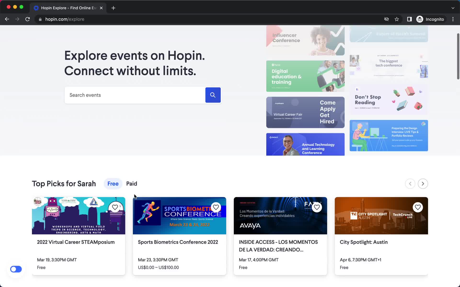 Screenshot of Browse events on Searching on Hopin user flow